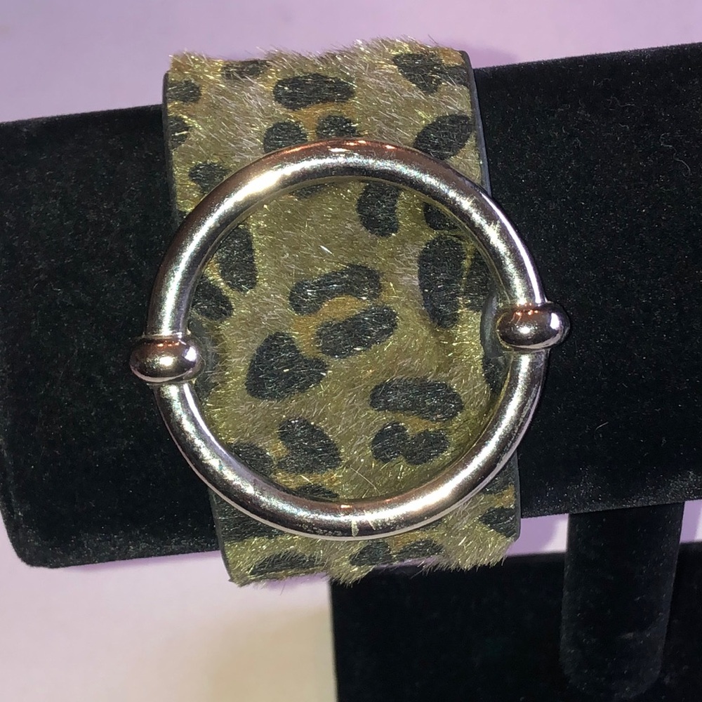 Leopard Print Leather Cuff Bracelet with Silver Tone Ring